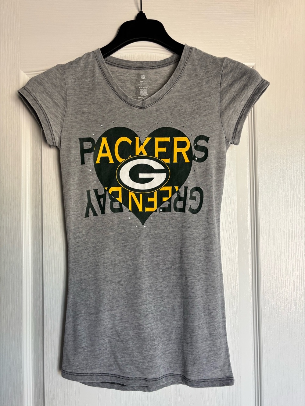 Green Bay Packers T-Shirt gray v neck studded juniors size small 3/5